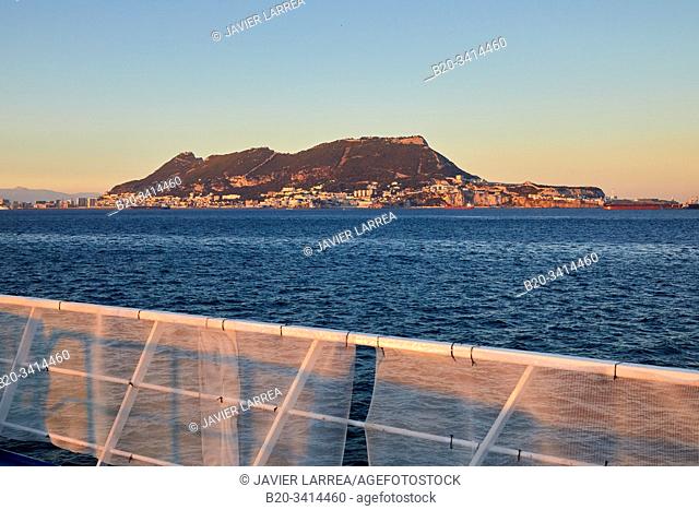 Ferry crossing the Strait of Gibraltar from Morocco to Spain, In the background Rock of Gibraltar, Africa, Europe