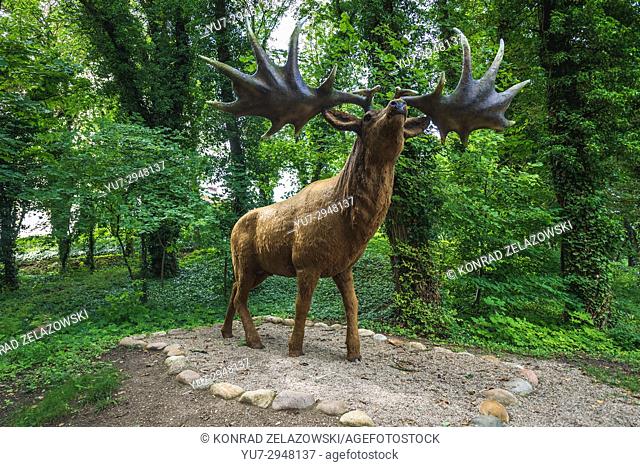 Model of extinct specie Megaloceros giganteus - Irish elk or Giant deer in geopark called ""Avenue of Pleistocene Stars"" in Moryn town in Gryfino County