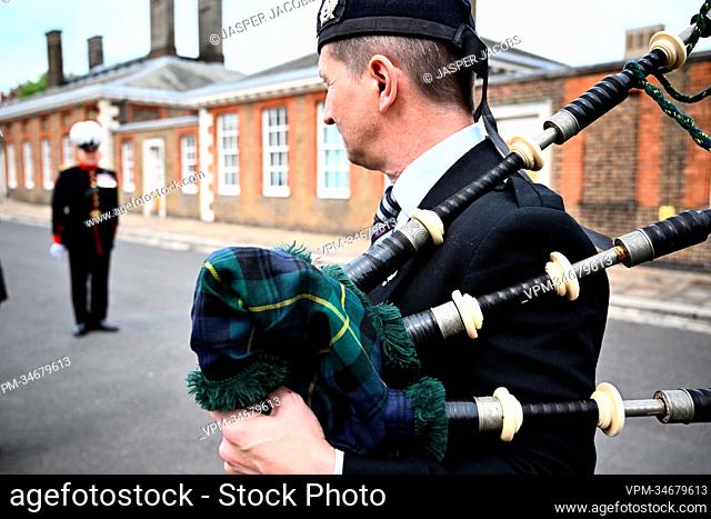 Illustration picture shows a man holding bagpipes, during the presentation of a Belgian garden created by the Flemish Agricultural Marketing Board (VLAM) and...