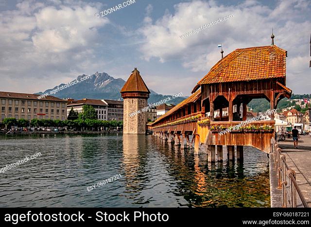 Panoramic view of city center of Lucerne with famous Chapel Bridge and lake - Canton of Luzern, Switzerland - Kapellbrücke is the oldest wooden covered bridge...