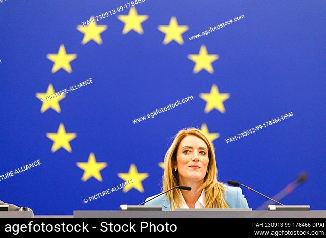 13 September 2023, France, Straßburg: Roberta Metsola (Partit Nazzjonalista), President of the European Parliament, sits in the European Parliament building