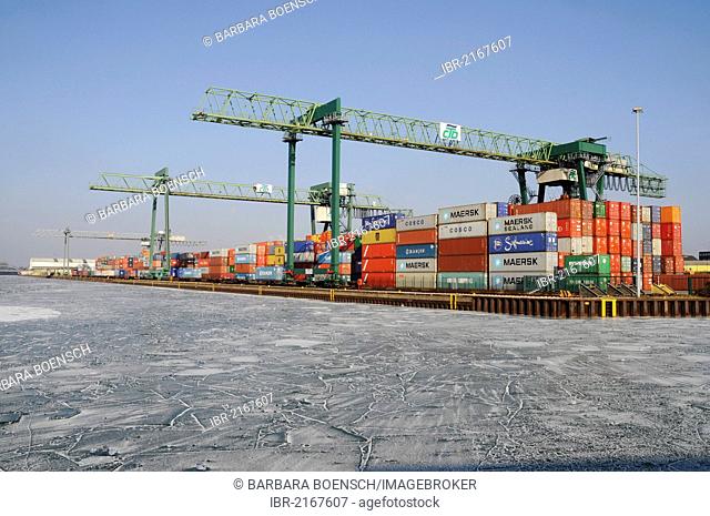 Frozen, icy harbour, container terminal, inland port, Dortmund, Ruhr Area, North Rhine-Westphalia, Germany, Europe, PublicGround