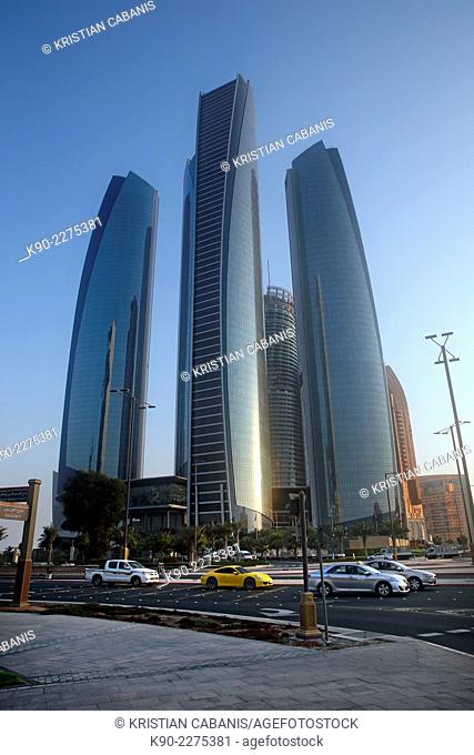 Traffic on the Corniche at Jumeirah Etihad Towers, Abu Dhabi, United Arab Emirates, Asia