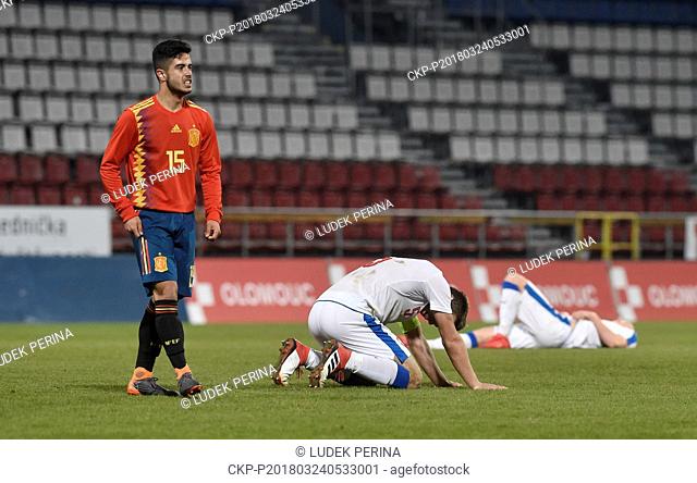From left ALVARO SANZ CATALAN of Spain and SIMON GABRIEL of Czechafter the qualifier for the European championship of football teams under 17 years today in...