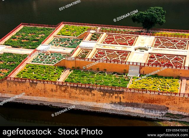 Close view of Kesar Kyari (Saffron Garden) on Maota Lake from Amber Fort, Rajasthan, India. Amber Fort is the main tourist attraction in the Jaipur area
