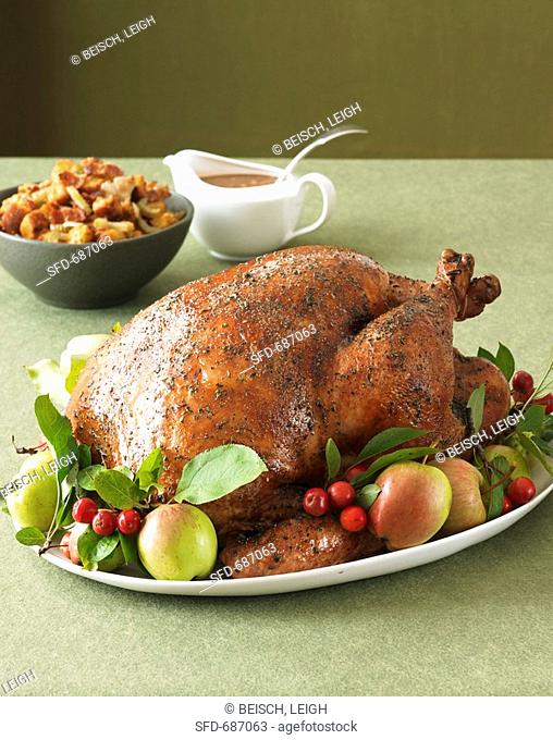 Thanksgiving Turkey on Platter with Fruit, Stuffing and Gravy