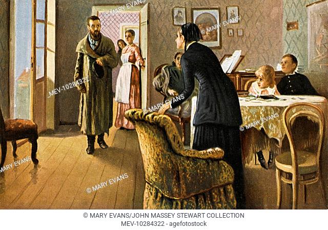 Scene in the home of a Russian middle class family, depicted in a painting entitled Unexpected Return. A woman wearing black stands up