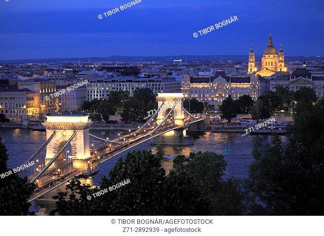 Hungary, Budapest, Danube River, Chain Bridge, Gresham Palace, Basilica,