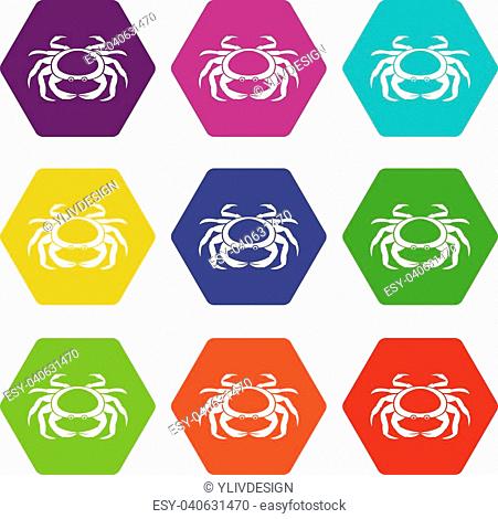 Seafood crab icon set many color hexahedron isolated on white vector illustration