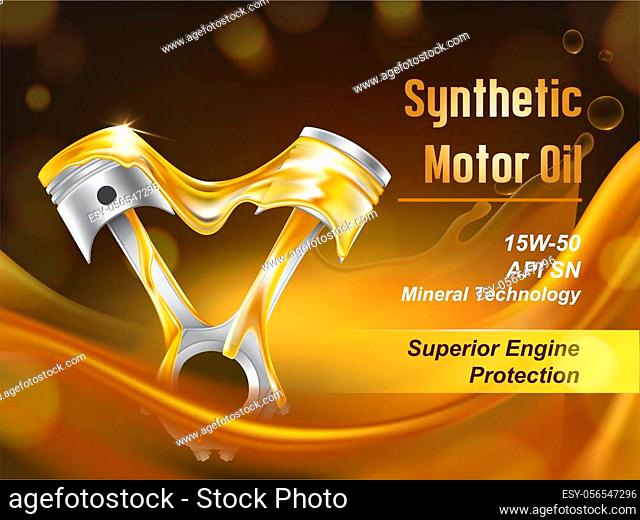 Synthetic motor oil for engine protection realistic advertising banner or flyer. Lubricated internal combustion engine pistons illustration