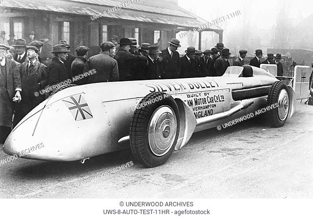 Wolverhampton, England: 1930.The Silver Bullet car at the Sunbeam Works in which racer Kaye Don will attempt to beat Seagrave's record speed of 231 mph at...
