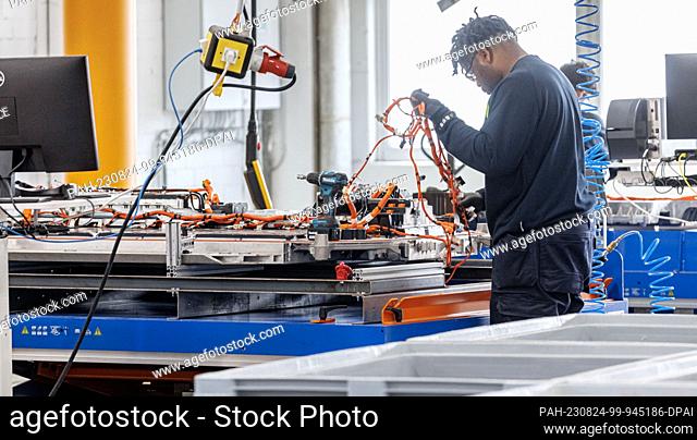 24 August 2023, Hamburg: An employee of European Metal Recycling (EMR) disassembles a car battery pack into recyclable parts