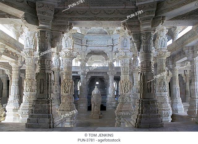 Interior view of Ranakpur temple in Rajasthan showing some of its 1444 unique columns