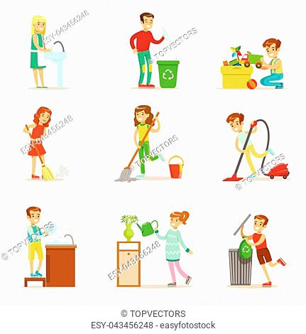 Children Helping With Home Cleanup, Washing The Floor, Throwing Out Garbage And Watering Plants. Kids Cleaning Indoors With Clean-Up Inventory For Housekeeping...