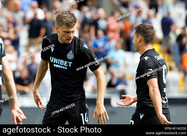 Club's Bjorn Meijer celebrates after scoring during a soccer match between Club Brugge and KV Kortrijk, Sunday 21 August 2022 in Brugge