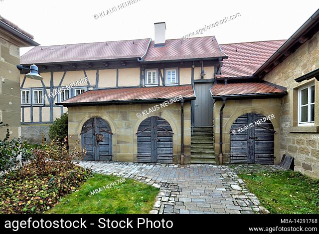 Church castle, gaden, storehouses, former fortified church, house facade, winter, Nenzenheim, Franconia, Germany, Europe