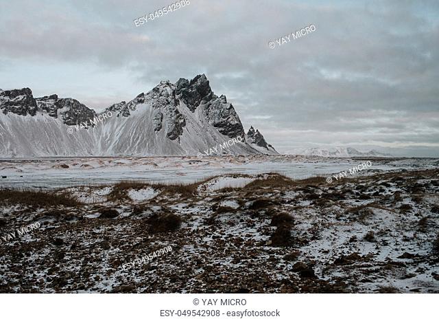 The snow covered landscape of Stokksnes, Iceland in the middle of winter
