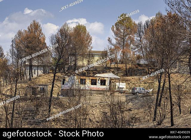 Houses, gardens and vehicles burned after the 2022 Pont de Vilomara fire (Bages, Barcelona, Catalonia, Spain)