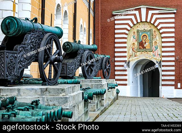RUSSIA, MOSCOW - AUGUST 10, 2023: A view of a restored fresco of the Icon of Our Lady of Kazan on the western facade of the Moscow Kremlin's Nikolskaya Tower