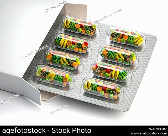 Multivitamins and dietary natural supplements for a healthy diet. Fruits in pills on blister pack. 3d illustration
