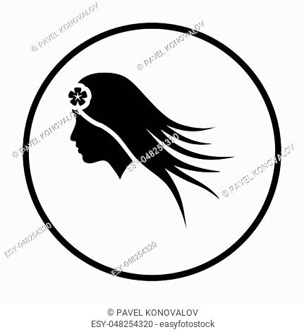 Woman Head With Flower In Hair Icon. Thin Circle Stencil Design. Vector Illustration
