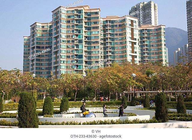 Ma On Shan Park with contemporary condominium in background, Ma On Shan, Hong Kong