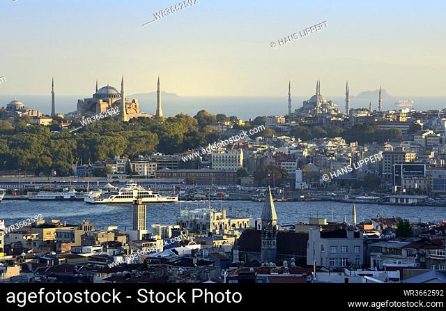 Turkey, Istanbul, View of Golden Horn with Hagia Sophia and Sultan Ahmed Mosque