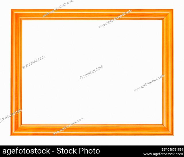 empty wide varnished wooden picture frame with cut out canvas isolated on white background