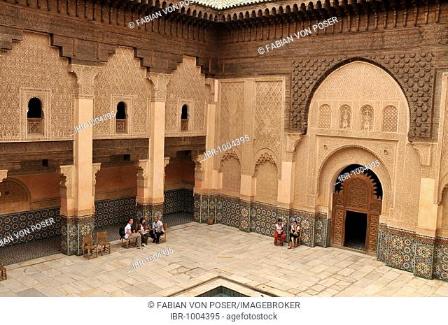 Inner courtyard of the Ben Youssef Madrasah, Qur'an school, in the medina quarter of Marrakesh, Morocco, Africa