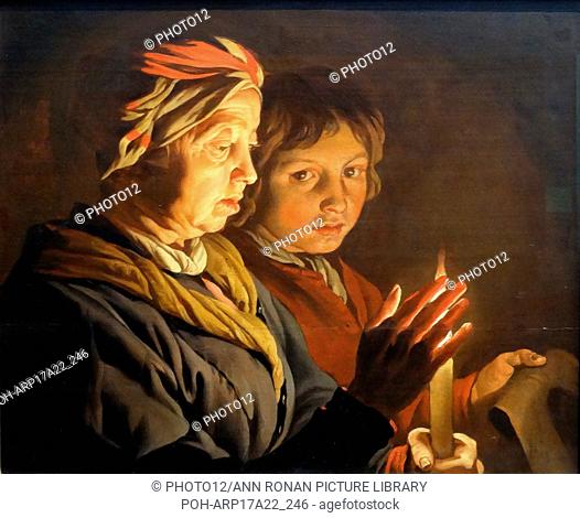 Painting titled 'An Old Woman and a Boy by Candlelight' by Matthias Stom (1600-1652) Dutch golden age painter. Dated 17th Century