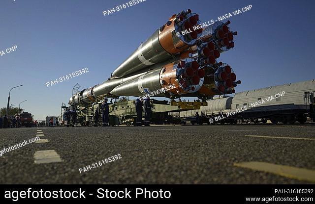 The Soyuz rocket is rolled out by train to the site 31 launch pad, Sunday, Sept. 18, 2022, at the Baikonur Cosmodrome in Kazakhstan