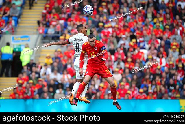 Belgium's Youri Tielemans and Welsh Gareth Bale fight for the ball during a soccer game between Wales and Belgian national team the Red Devils