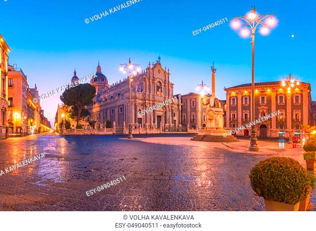 Piazza Duomo in Catania with the Cathedral of Santa Agatha and Liotru, symbol of Catania in the morning, Sicily