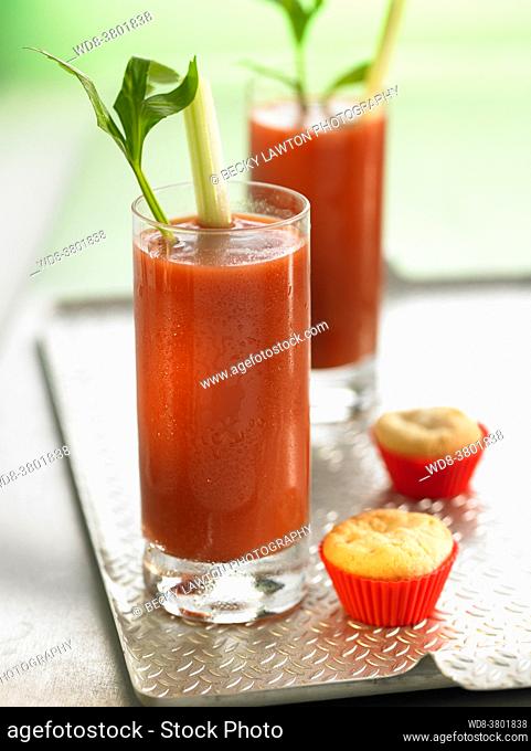 Virgin Mary cocktail, tomato juice with celery salt, lemon, Tabasco sauce and black pepper