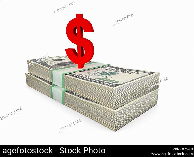 Stack of one hundred dollar bills and red dollar sign, isolated on white