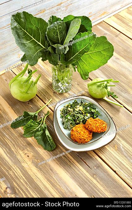 Kohlrabi leaves with spinach and lentil patties