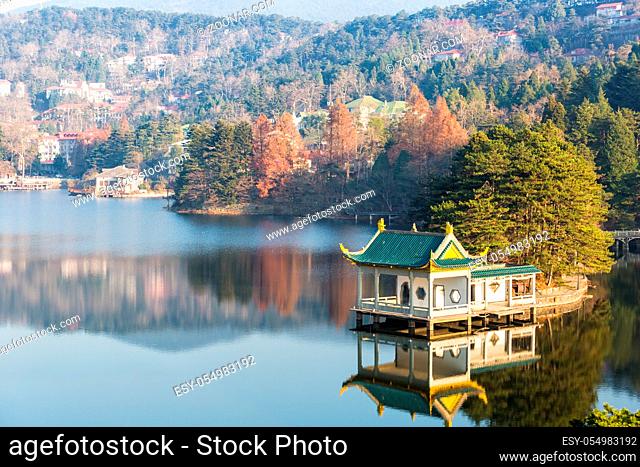 lake pavilion in lushan mountain, beautiful autumn landscape, famous tourist attractions in China