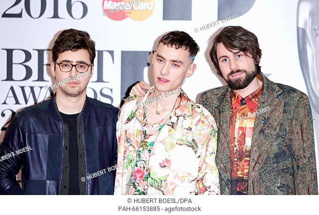 Emre Turkmen, Olly Alexander and Mikey Goldsworthy of Years & Years arrive at the BRIT Awards at The O2 Arena in London, England, on 24 February 2016