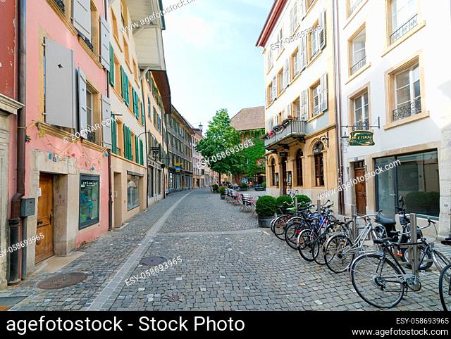 Biel, BE / Switzerland - 28 August 2019: view of the historic old town of the Swiss city of Biel