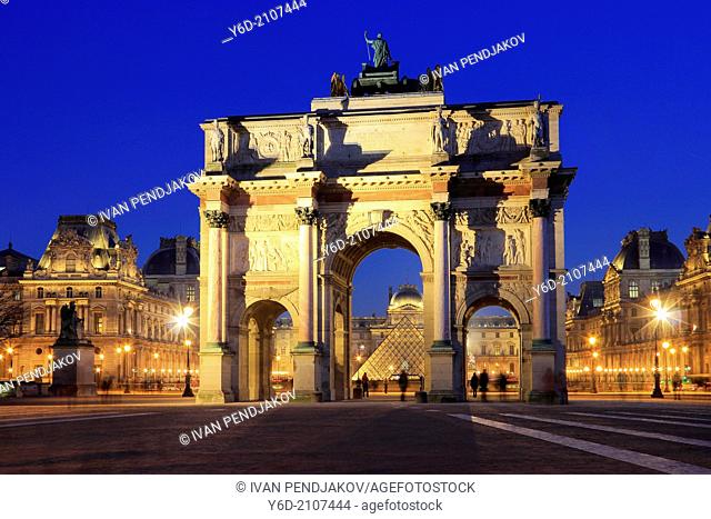 Arc de Triomphe du Carrousel and the Louvre at Dusk, Paris, France
