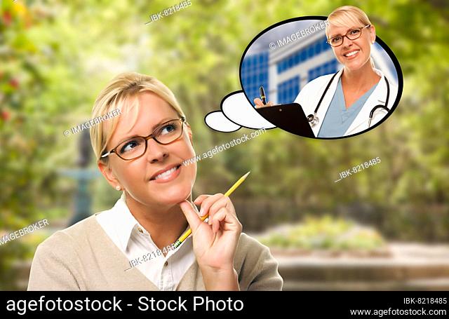 Thoughtful young woman with pencil and herself as nurse or doctor in thought bubble