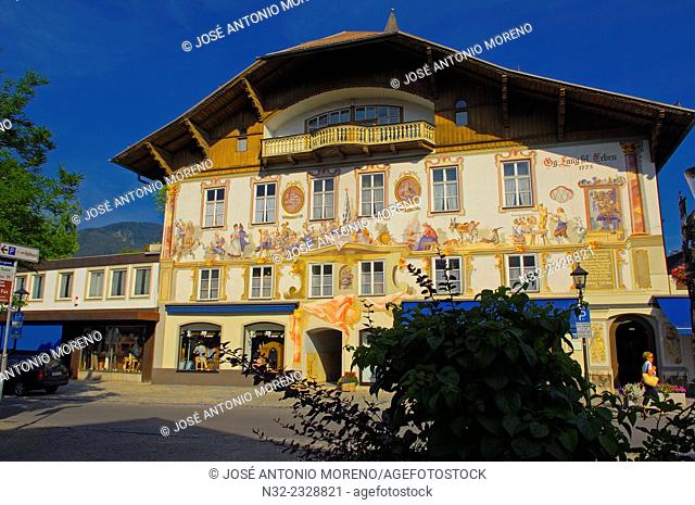 Oberammergau, Traditional mural, Bavarian passion play town, Upper Bavaria, Germany, Europe
