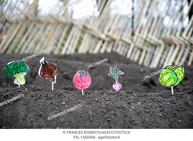 Paper vegetables planted by first grade students at the newly opened Urban Farm at the Battery in lower Manhattan in New York  The Urban Farm occupies a full...
