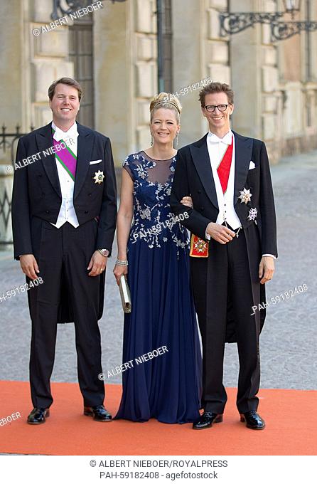 Prince Hubertus of Sachsen-Coburg and Gotha (L), Prince Manuel and Princess Anna of Bavaria arrive at the Royal Palace for the wedding of Prince Carl Philip and...