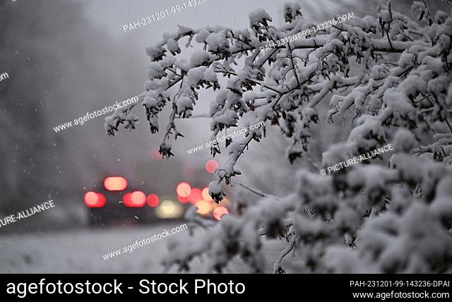 01 December 2023, Baden-Württemberg, Stuttgart: Taillights of vehicles shine in the morning rush hour traffic on a road through a snow-covered wooded area in...