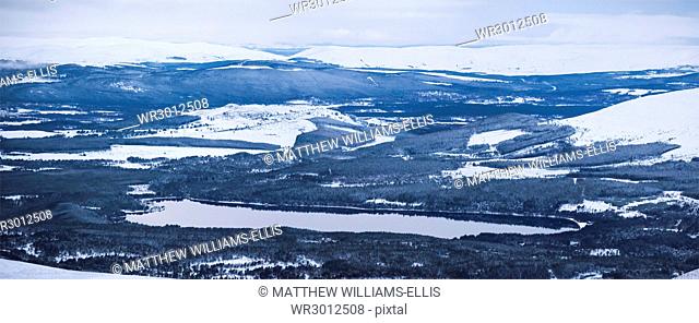 Loch Morlich covered in snow in winter, Aviemore, Cairngorms National Park, Scotland, United Kingdom, Europe