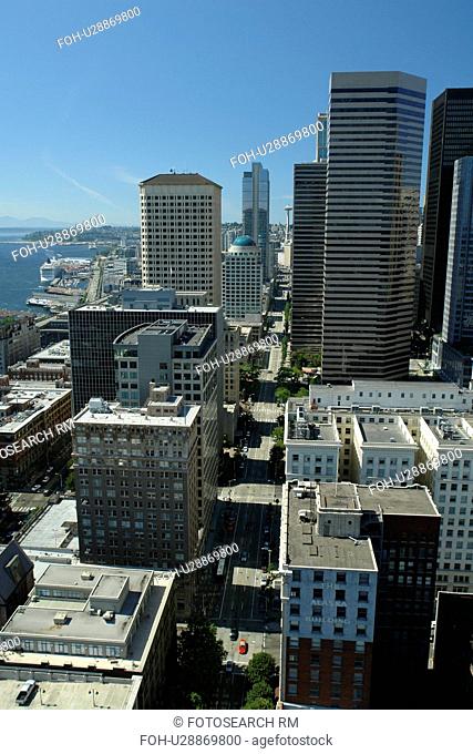 Seattle, WA, Washington, Puget Sound, downtown, skyline, aerial from Smith Tower
