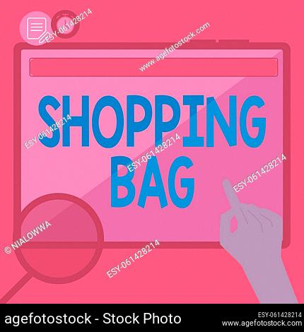 Text showing inspiration Shopping Bag, Business showcase Containers for carrying personal possessions or purchases Hand Using Big Tablet Searching Plans For New...