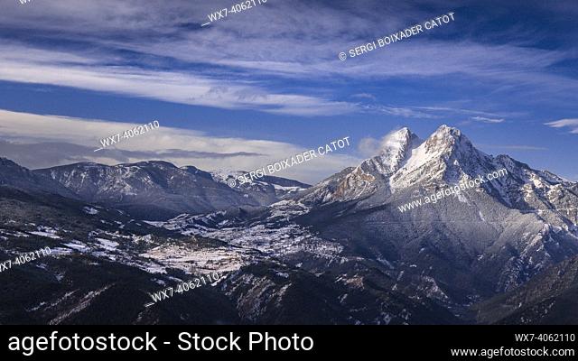 Pedraforca seen from Turbians, in Gisclareny -BerguedÃ -, after a winter snowfall (Barcelona province, Catalonia, Spain, Pyrenees)