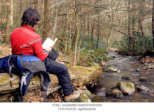 Backpacker reading by creek - Daniel Ridge - Pisgah National Forest - near Brevard, North Carolina, USA